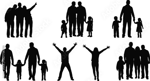 Silhouette Vector Set of Happy Families Fathers and Children Holding Hands and Celebrating Together for Lifestyle Concepts