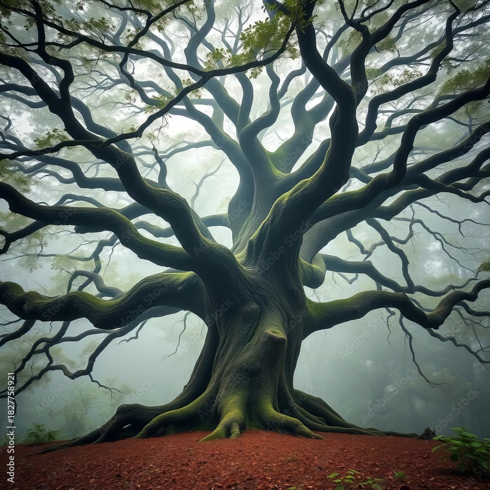 Naklejka premium Ancient oak tree with sprawling branches in a misty forest, evoking wisdom, longevity, and mystery, tree, nature