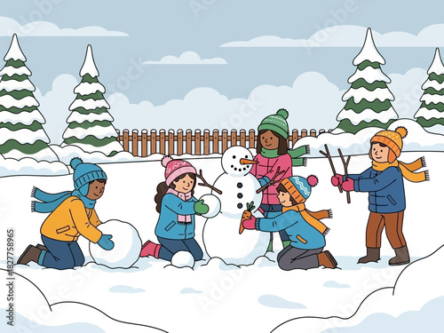 Children happily building a snowman together in the snow.