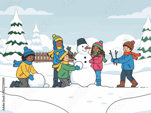 Children Building a Snowman in Winter.