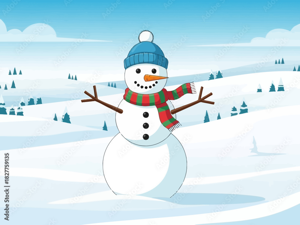 Fototapeta premium A cheerful snowman wearing a blue hat and scarf.