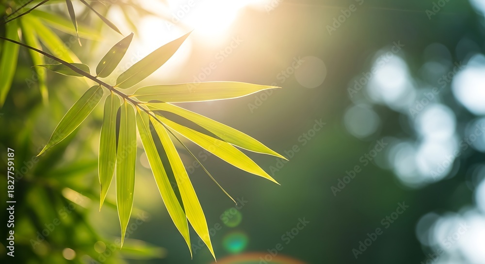 Obraz premium Closeup of bright green bamboo leaves backlit by the warm, soft sunlight filtering through the canopy