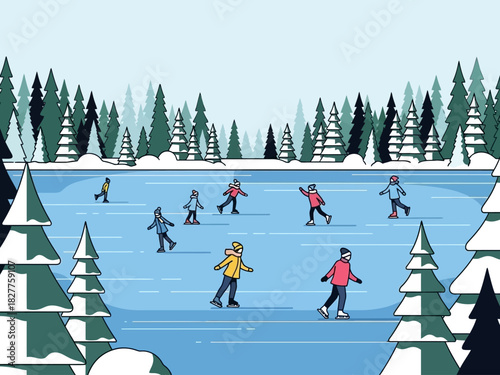 People Ice Skating on a Frozen Lake in Winter.