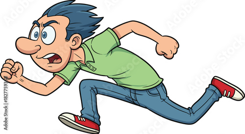 Cartoon boy running fast with clenched fists, spiky blue hair, red sneakers, green shirt, dynamic pose, urgency expression, energetic motion, isolated white background, vector illustration