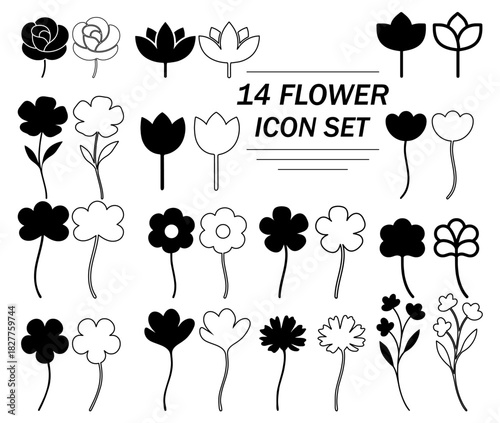 Fourteen flower icon set with various floral designs