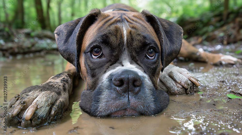 Fototapeta premium A playful boxer dog covered in mud on a sunny summer day