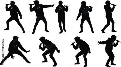 Black silhouette of a man singing into a microphone in various dynamic poses performance