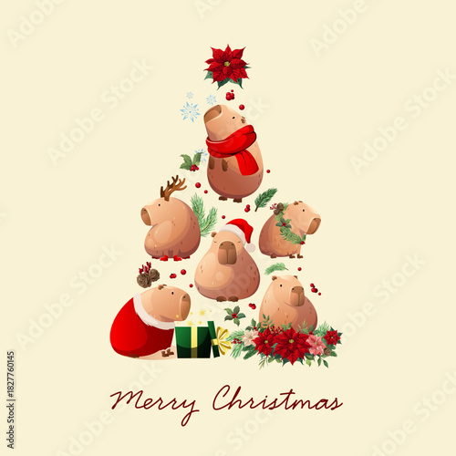 Merry Christmas. Postcard with cute capibaras. Vector.
