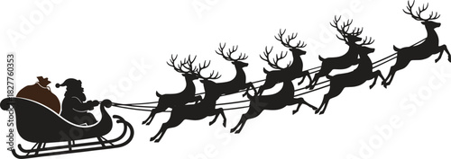 Black silhouette of Santa Claus in a sleigh pulled by eight reindeer Christmas winter