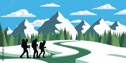 Winter mountain hiking illustration, hikers walking on snowy landscape, pine trees, alpine peaks, outdoor trekking adventure, nature background design, scenic vector artwork, perfect for travel themes