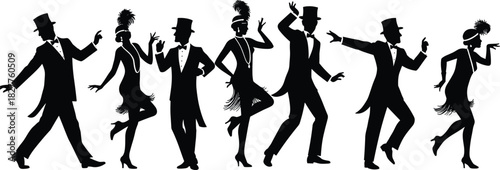 Black silhouettes of couples dancing in 1920s flapper and tuxedo attire art deco style