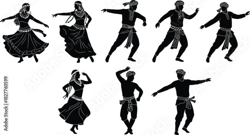 Black silhouettes of dancers in traditional clothing performing a dance dancing