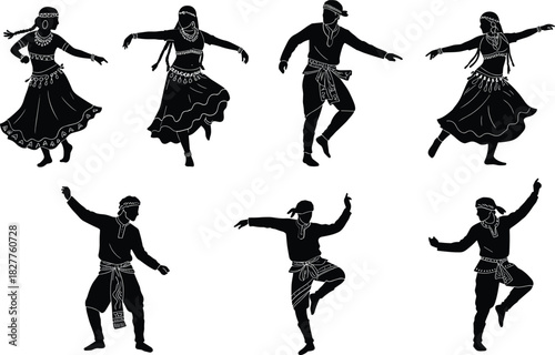 Black silhouettes of men and women in traditional attire performing energetic folk dances