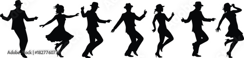 Black silhouettes of men and women in vintage attire dancing on a white background