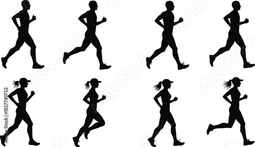 Black silhouettes of men and women running in profile on white background runner