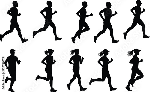 Black silhouettes of men and women running in various poses on a white background