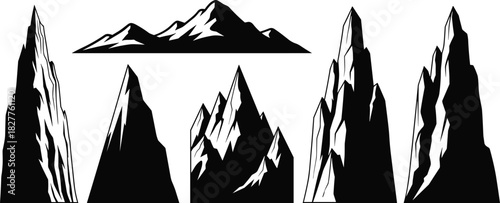 Collection of black and white stylized mountain peaks and ranges mountains