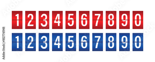 Flip clock digits vector pack, Retro flip clock numeral tiles vector set, red and blue mechanical 0–9 icons for UI and print