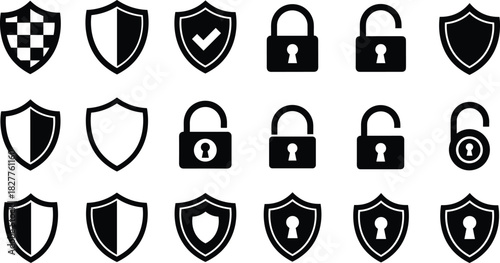 Collection of black shield and padlock icons on white background shield icon security icon