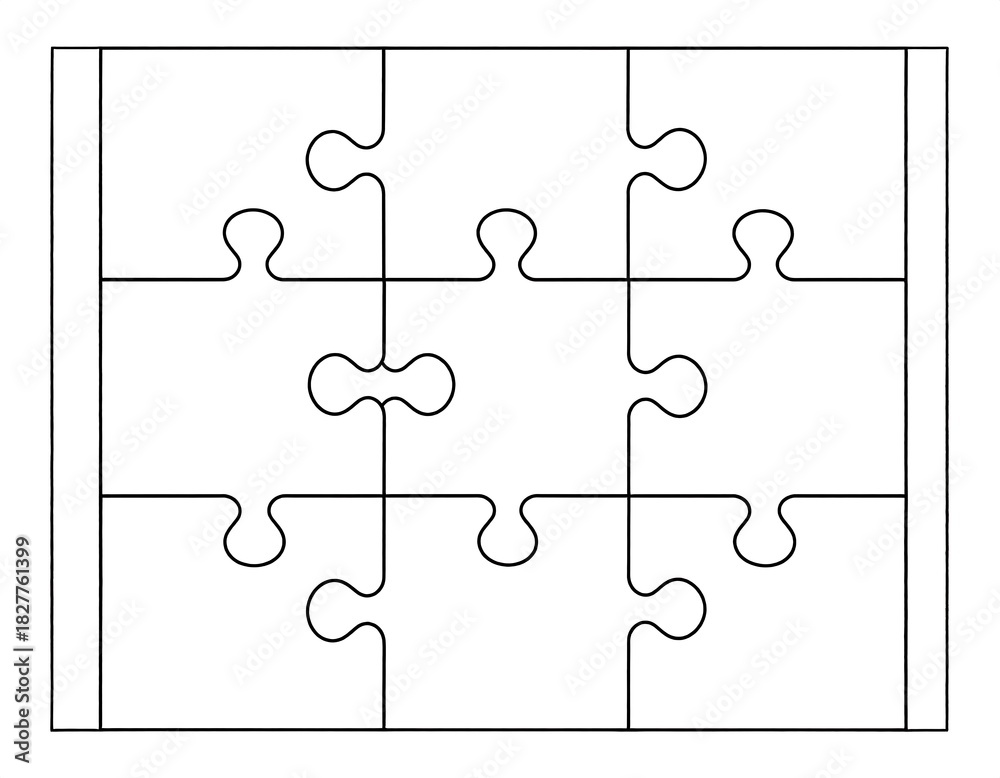 Fototapeta premium Blank 3x3 jigsaw puzzle template outlined with black ink, ready for customization on a white background