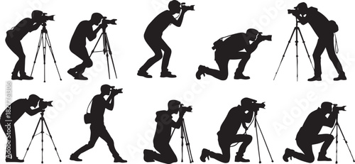 Silhouette of photographers in various poses with cameras and tripods