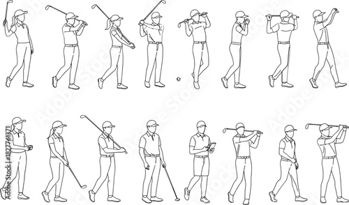 Collection of male and female golfers in various poses and actions line art woman