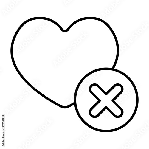 Love and likeness ban thin line icon, likeness concept. Vector graphics. Heart with close button, forbidden item sign on white background, style icon mobile or web design.