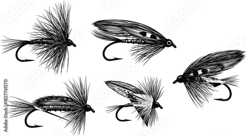 Five black and white line art illustrations of fishing lures fly fishing bait