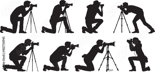 Silhouette of photographers in various poses with cameras and tripods