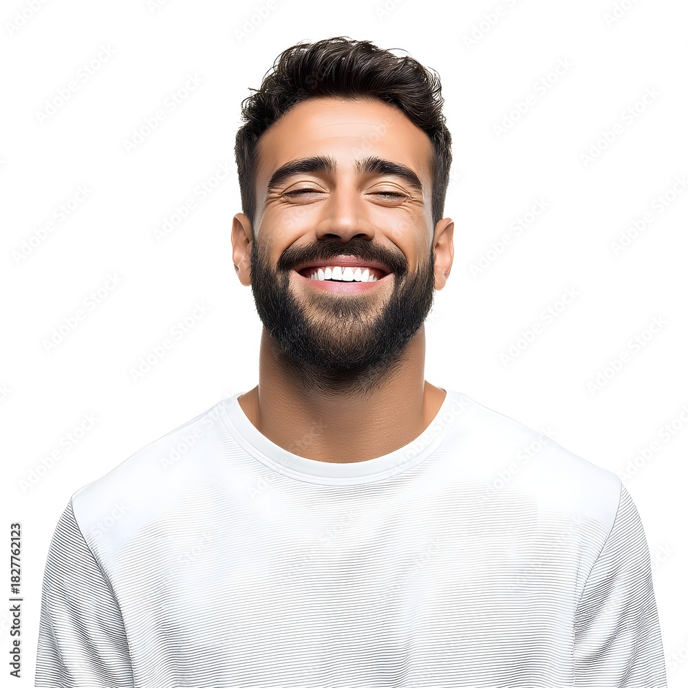 Fototapeta premium Smiling Man with Beard and Black Stripes on White Background