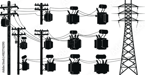 Silhouette Vector Set of Electric Utility Poles Transformers and High Voltage Transmission Towers for Power Grid Infrastructure