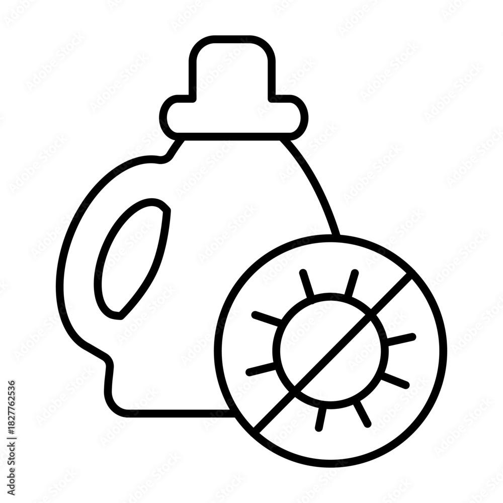 Obraz premium Detergent bottle with bacteria thin line icon, antibacterial agent concept. Vector graphics. Bottle nd bacteria ban sign on white background, style icon mobile or web design.