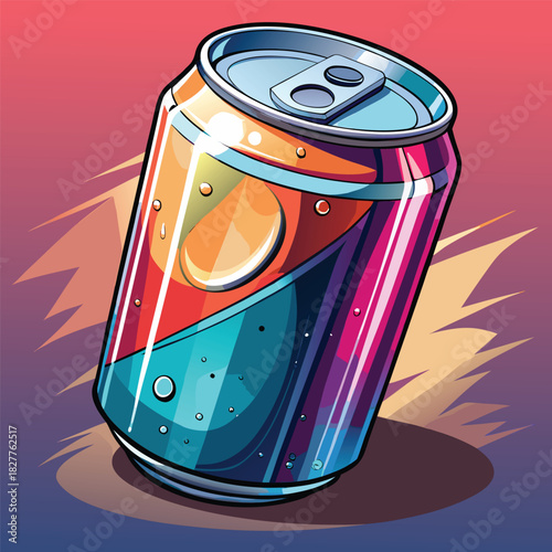 Colorful soda can illustration with vibrant design and bubbles. colorful