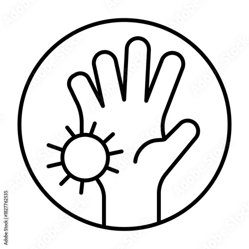 Dirty hand and bacteria thin line icon, hygiene danger concept. Vector graphics. Bacteria on palm sign on white background, style icon mobile or web design.