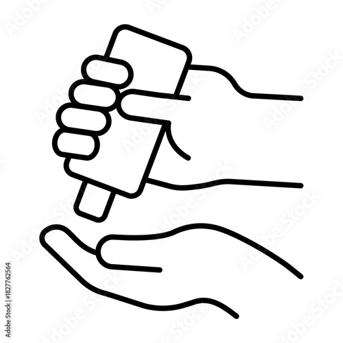Hand and bottle of antiseptic thin line icon, washing hands concept. Vector graphics. Antiseptic jar in hand sign on white background, style icon mobile or web design.