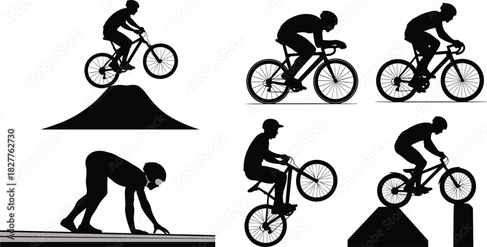 Fototapeta premium Six Black Silhouettes of Cyclists in Various Poses and Disciplines bicycle black and white