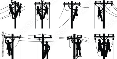 Silhouette Vector Set of Electric Linemen Working on Utility Poles Repairing Power Lines for Maintenance Infrastructure