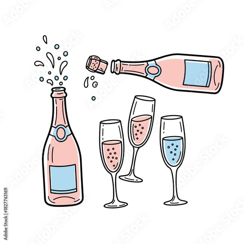 Sparkling champagne bottles pouring into glasses in festive celebration  