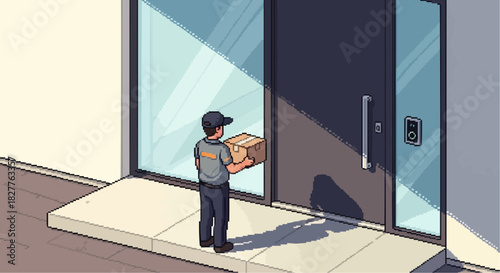 Realistic Courier Delivering Package at Modern Residential Doorstep