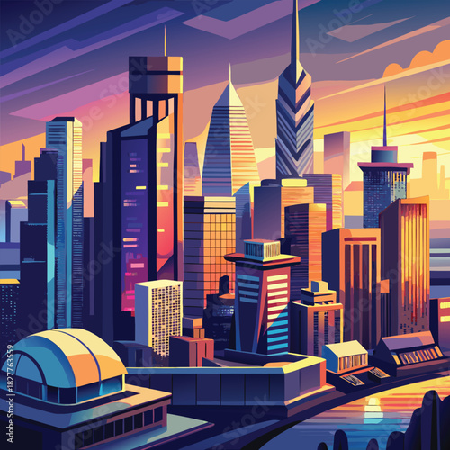 Abstract illustration of a vibrant cityscape with modern architectural buildings.