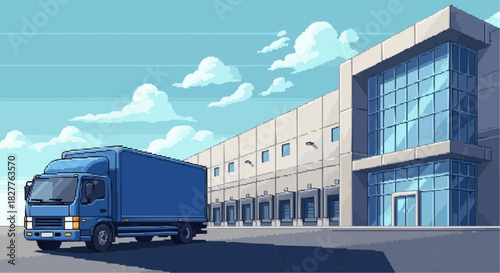 Delivery Truck Driving Toward Modern Fulfillment Center Logistics Hub