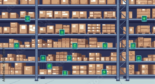 Modern Automated Warehouse Shelves with Glowing Pick-to-Light System