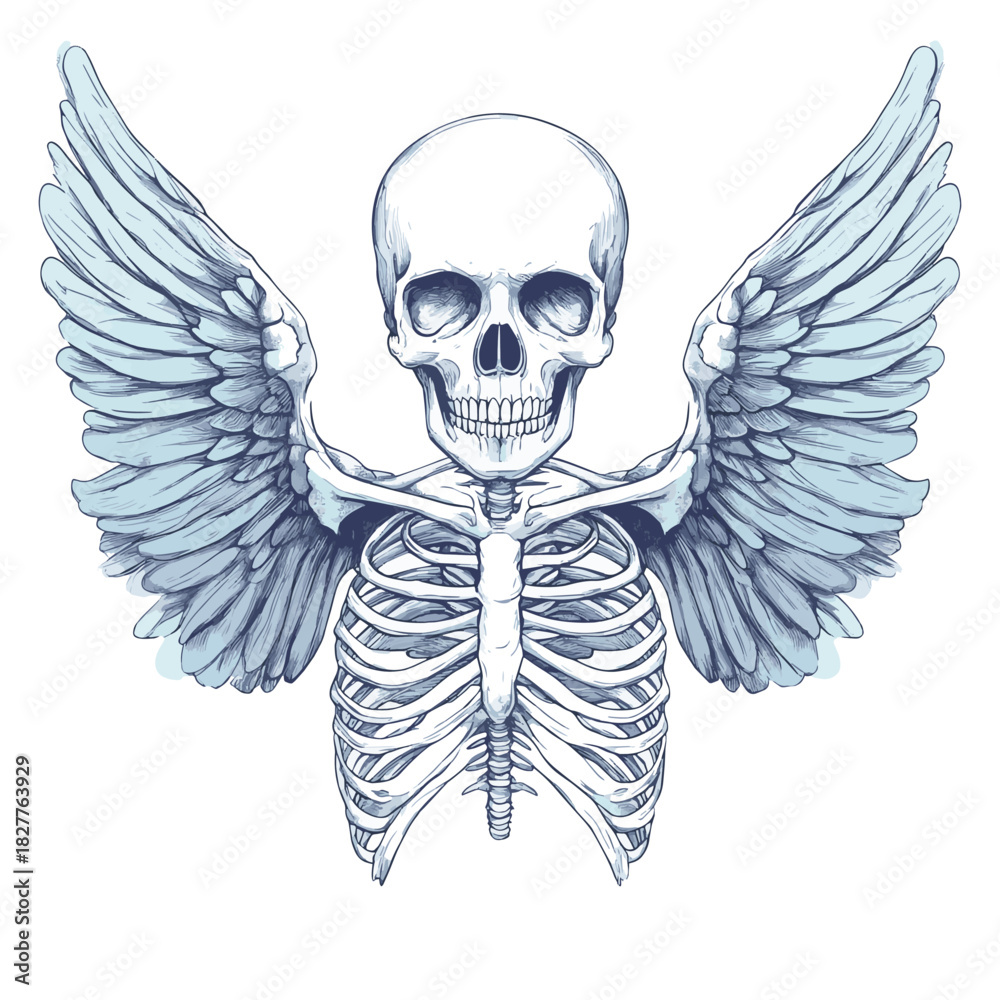 Fototapeta premium Winged skull and ribs, anatomical illustration , vector style simple color