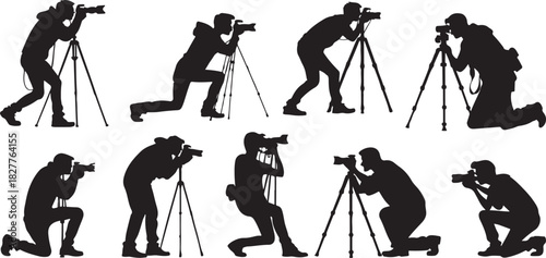 Silhouette of photographers in various poses with cameras and tripods