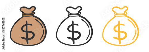 Hand drawn money bag icon with dollar sign in three color variations. Suitable for finance, business, saving, cash, investment, and economic graphic use
