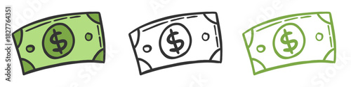 Simple hand-drawn paper money bill icon illustration for finance, cash, and banking use