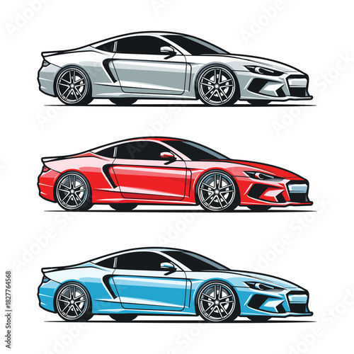 Sports car vector illustration set in three colors