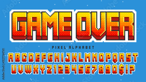 Pixel alphabet design. Retro video game style. High contrast and sharp, retro-futuristic.