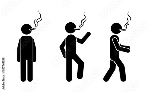 Smoking Stick Figure Icons Showing Cigarette Use and Walking Smoker Poses.