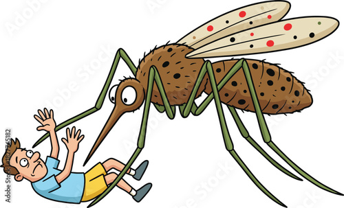 Giant mosquito attacking scared man, cartoon vector illustration, humorous insect threat concept, exaggerated bug size, funny pest control design, disease awareness, summer nuisance art